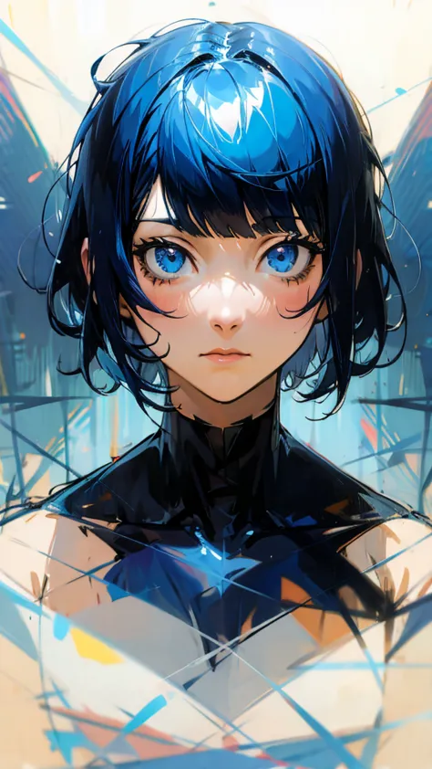 looking at viewer, short hair, bangs, blue eyes, blue hair, high resolution,