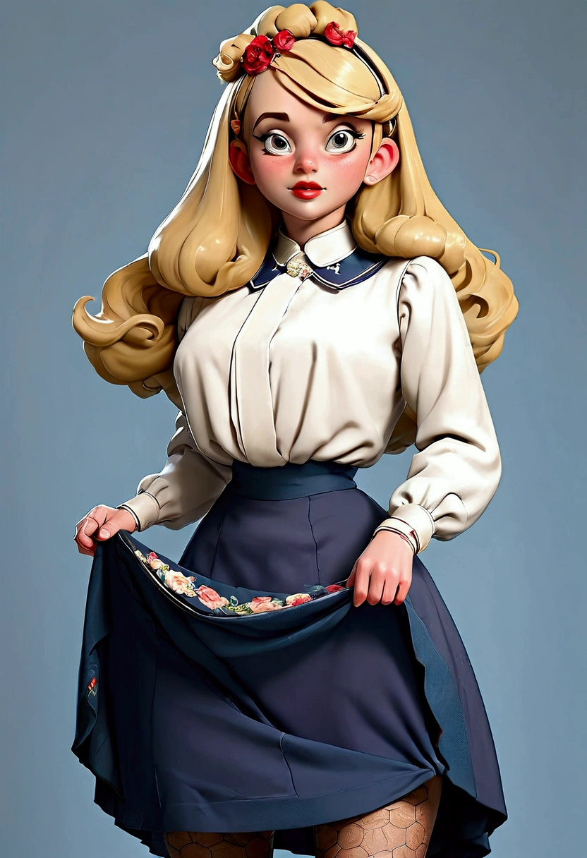 Lola Loud, a pretty 10yo blonde Gibson Girl of the 1900s flirting with the dirty 69yo judge of a beauty pageant, daintily lifting her skirts to reveal her high-waisted bloomers, garter silk stockings and boots. Year 1901. 1900_dr3ss. High-collar long sleeve shirtwaist, wide-brimmed Florodora hat, knee-length skirt, petticoats. Flat chested, wasp waist, bubble butt. Long hair. Big booty