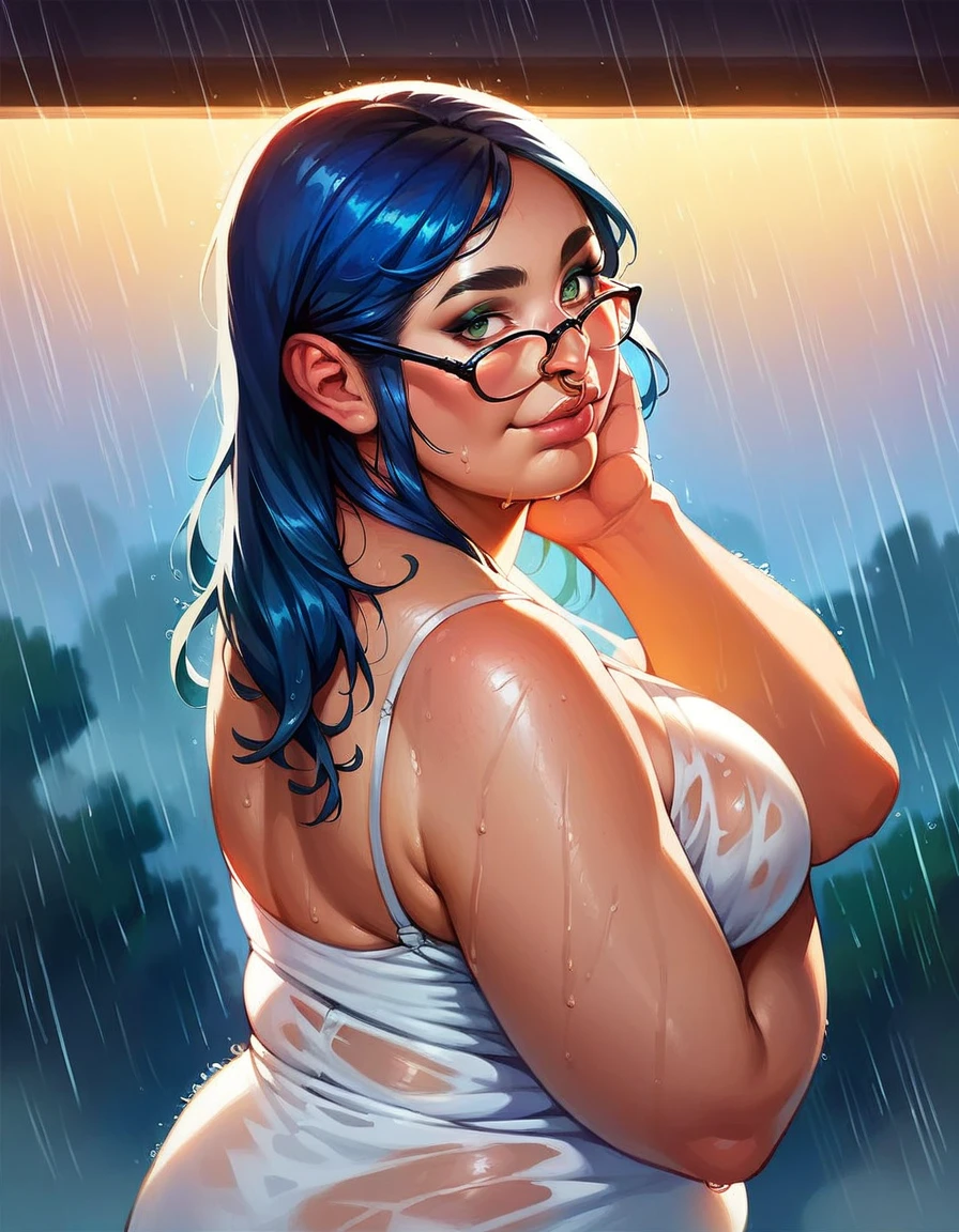 1girl, masterpiece, (chubby), ((dark eyeliner)), best quality, realistic face, black and blue hair with bangs and ponytail, large glasses, , , , green eyes, nose ring, chubby cheeks, long nose, low nose, high lips, dark eyebrows, ((trad blue and grey sundress)) thunderstorm background, ((raining)), ((golden hour lighting)), back porch background, big smile, w3t (full body picture)
wet top, wet hair, t, breasts silhouette