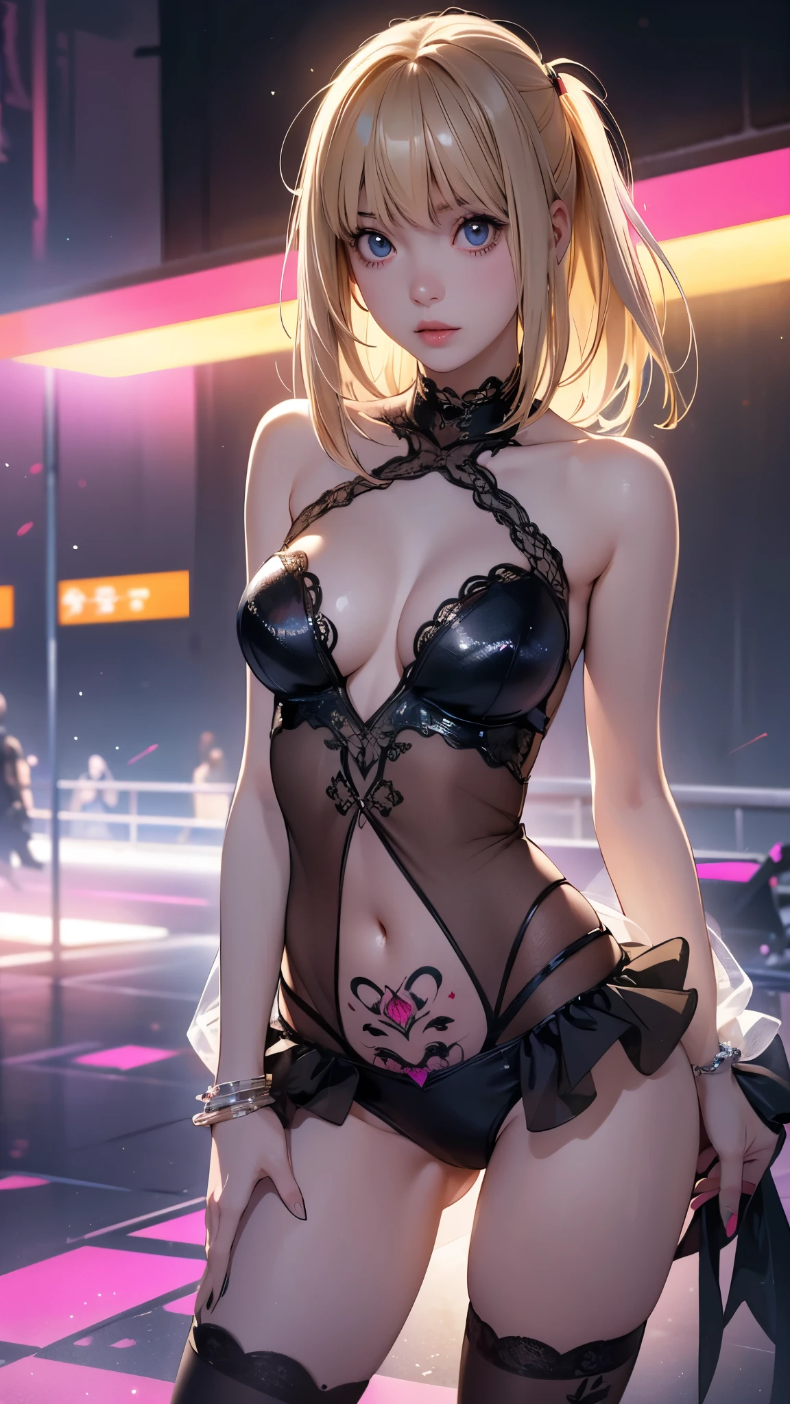 (best quality,highres:1.2),ultra-detailed,realistic,photorealistic:1.37,a beautiful girl (Misa Amane - Death Note) Anime Design) model in a fantasy style,1,long legs,medium breasts,extremely detailed face (with emphasis on azure eyes).She is dressed in soft translucent fabric clothes, more than half of her body is naked. The clothes emphasize her sexuality,bent down, lifting her ass to the top,there is an artfully executed tattoo on the right thigh of her leg, the girl stands in this angle (showing everyone her tattoo),illustration,colorful pop art style,dynamic lighting,neon colors.Nsfw