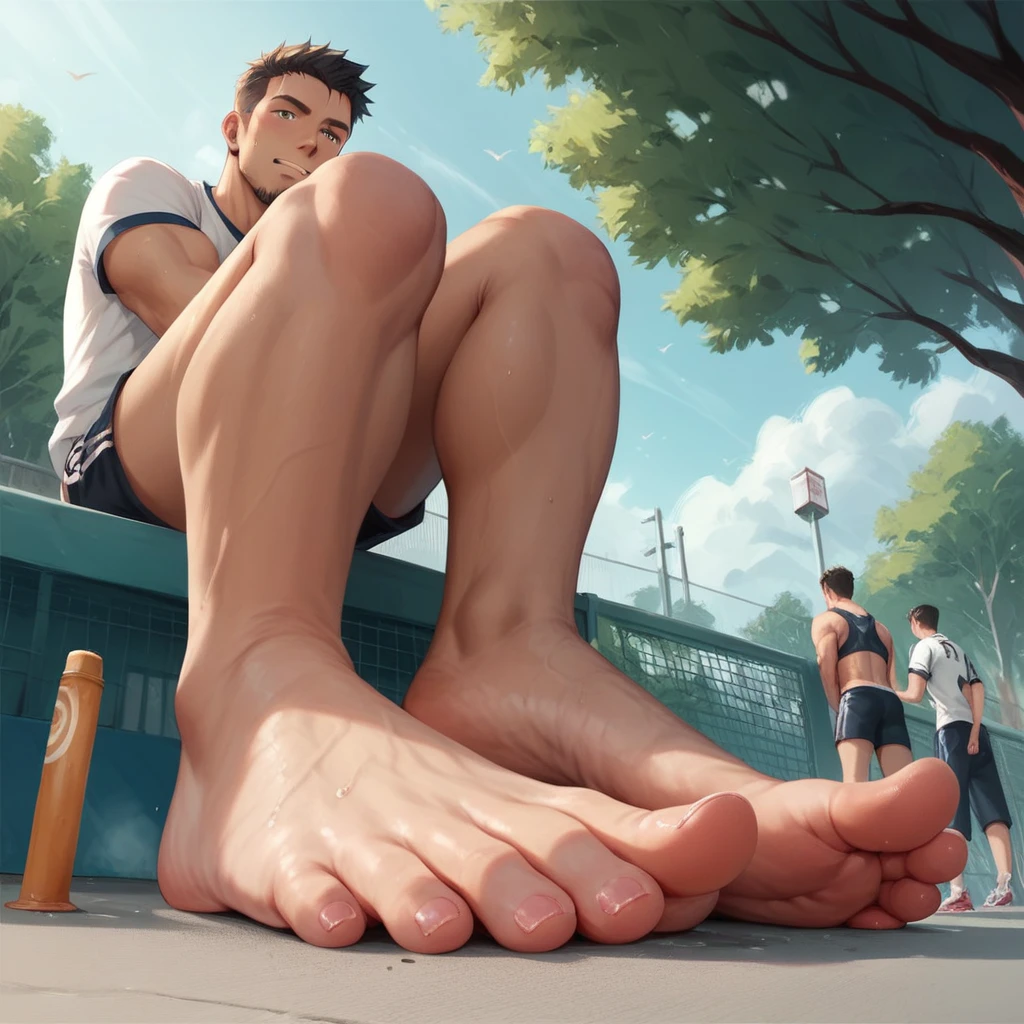 School sports boy showing smelly 
feet in public while there is other boy below the feet