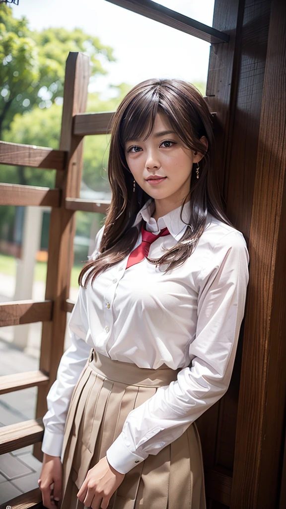 1girl, solo, long brown hair, beautiful detailed eyes, beautiful detailed lips, extremely detailed eyes and face, longeyelashes, breasts, looking at viewer, slight blush, gentle smile, bangs, pleated skirt, collared white shirt, long sleeves, brown eyes, closed mouth, school uniform, standing, yellow eyes, white shirt, blue pleated skirt, outdoors, necktie, sky, kneehighs, white socks, red necktie, shirt tucked in, east asian architecture, best quality, 4k, 8k, highres, masterpiece, ultra-detailed, realistic, photorealistic, photo-realistic, HDR, UHD, studio lighting, ultra-fine painting, sharp focus, physically-based rendering, extreme detail description, professional, vivid colors, bokeh, portraits