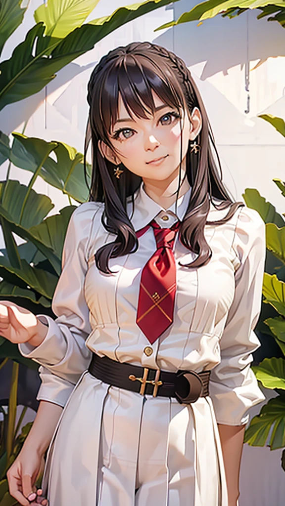 1girl, solo, long brown hair, beautiful detailed eyes, beautiful detailed lips, extremely detailed eyes and face, longeyelashes, breasts, looking at viewer, slight blush, gentle smile, bangs, pleated skirt, collared white shirt, long sleeves, brown eyes, closed mouth, school uniform, standing, yellow eyes, white shirt, blue pleated skirt, outdoors, necktie, sky, kneehighs, white socks, red necktie, shirt tucked in, east asian architecture, best quality, 4k, 8k, highres, masterpiece, ultra-detailed, realistic, photorealistic, photo-realistic, HDR, UHD, studio lighting, ultra-fine painting, sharp focus, physically-based rendering, extreme detail description, professional, vivid colors, bokeh, portraits