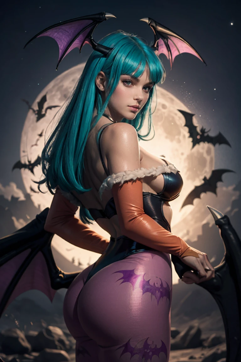 Creative artistic impression of the character Morrigan Aensland from the game Darkstalkers in hyperrealistic style, with bat wings on his head, (Bat wings on the back), green fur, black swimsuit, purple pantyhose, Beige gloves that cover the entire arm, medium bust, white skin face, the night, lunar illumination.
