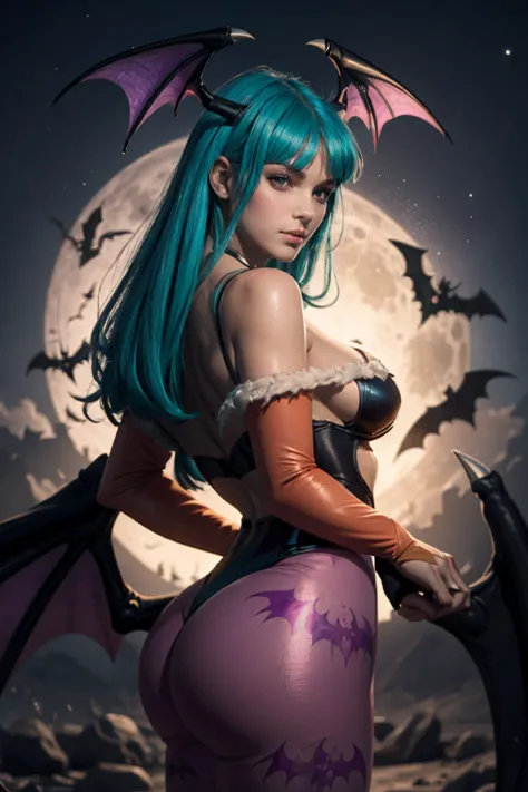 creative artistic impression of the character morrigan aensland from the game darkstalkers in hyperrealistic style, with bat win...