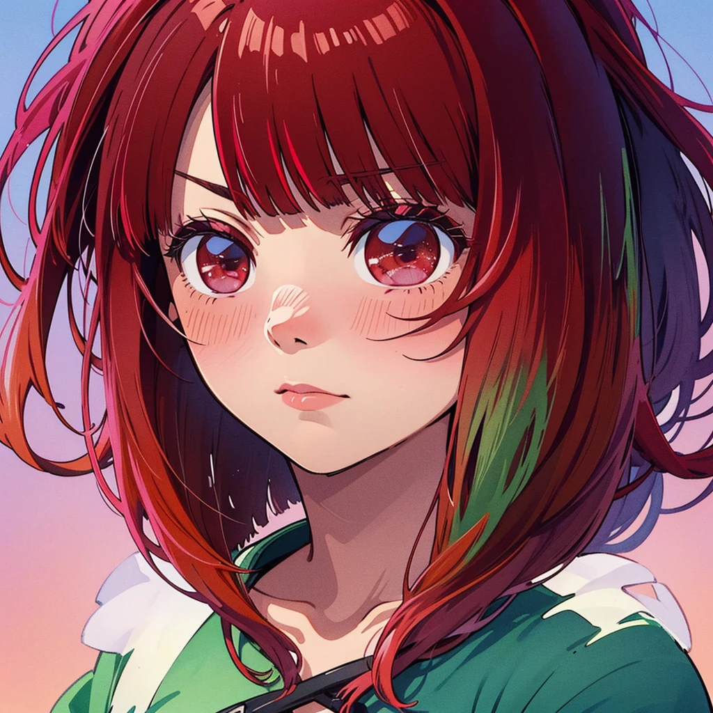 A woman, alone, alone Focus, Cowboy Photo, Portrait,, Beaver, Half watercolor, Half green, ((red eyes)), (Red hair), (Gradient hair: 1.5), Curly hair, ((Eyes pink) ), ultra-detailed eyes, work, transparent white, (small TI quality, very detailed, full photo