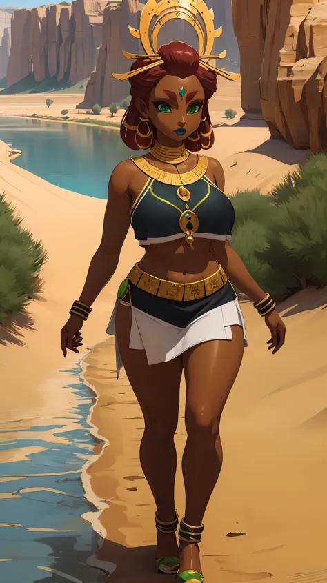 big breasts, green eyes, dark blue lips, walking through the desert, whole body, river