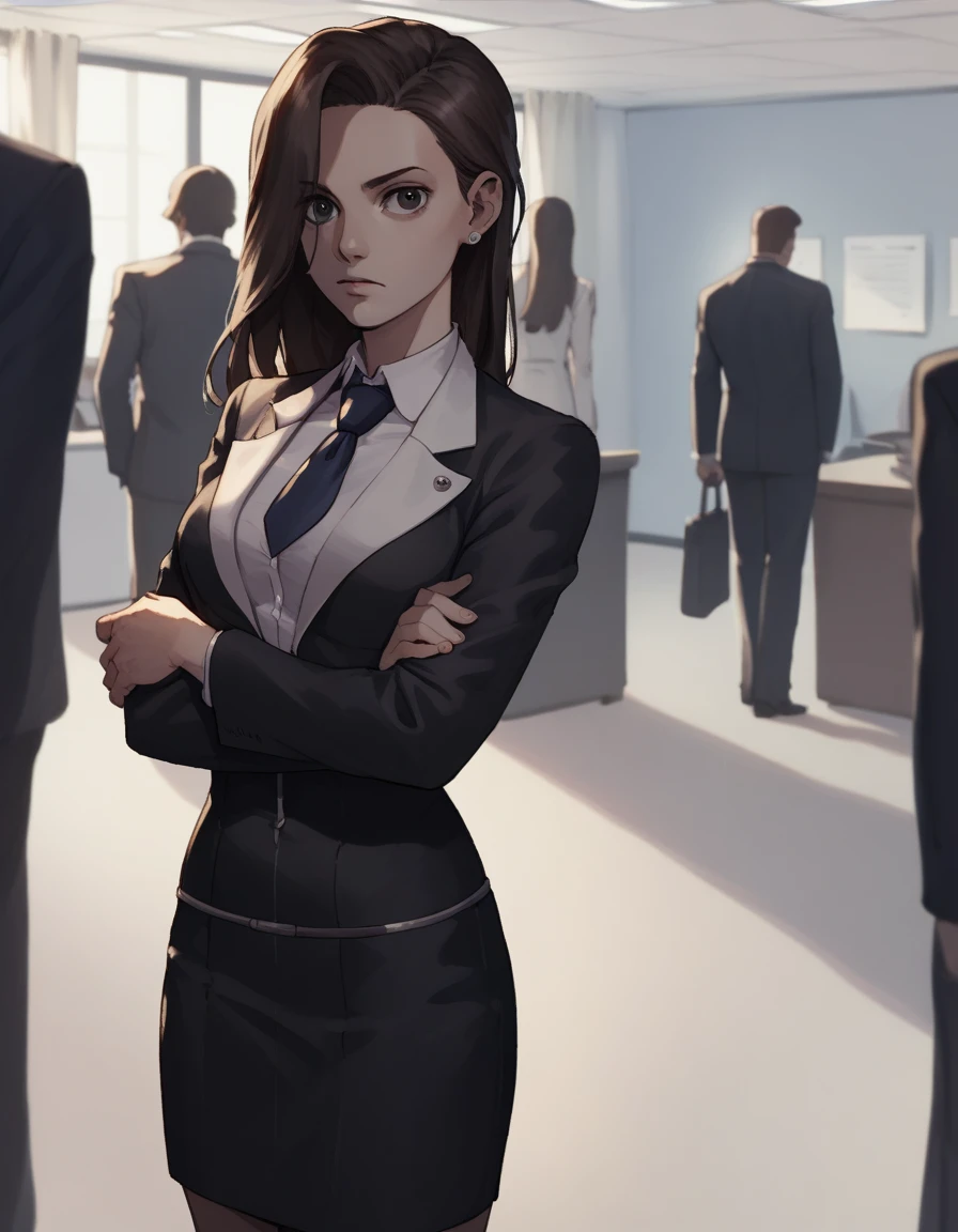 score_9, score_8_up, score_7_up, score_6_up, score_5_up, score_4_up,
aamia, black jacket, suit jacket, skirt suit, necktie, dress shirt
furrowed brow, shadow over face, crossed arms, looking at viewer, office.