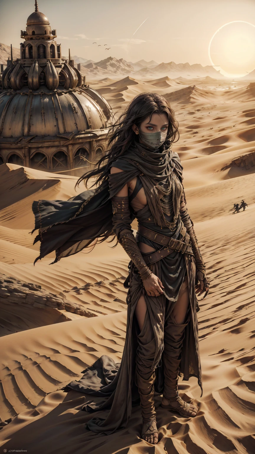 from above, high view shot, in the heart of a desert of Dune, a young sexy woman with a large and black haircut, desert tunic, white skin, sexy and tight desert clothes, brown, gold and sand, dunes, serious. In a desert sunset with a full orange sun, with worn desert tunic, black tattoos, sensual pose, desert metal face mask, creates an atmosphere of "Dune the movie", energy and sunset sun lights. ancestral alien buildings, good quality eyes, esmerald green eyes, ultra detailed, light effects, masterpiece, 4k, raytracing, 3/4 body, close-up, high view, particles and sand dust, intricate details, intricate body details, intricate face details.
