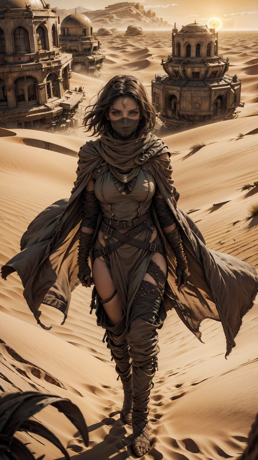 from above, high view shot, in the heart of a desert of Dune, a young sexy woman with a large and black haircut, desert tunic, white skin, sexy and tight desert clothes, brown, gold and sand, dunes, serious. In a desert sunset with a full orange sun, with worn desert tunic, black tattoos, sensual pose, desert metal face mask, creates an atmosphere of "Dune the movie", energy and sunset sun lights. ancestral alien buildings, good quality eyes, esmerald green eyes, ultra detailed, light effects, masterpiece, 4k, raytracing, 3/4 body, close-up, high view, particles and sand dust, intricate details, intricate body details, intricate face details.
