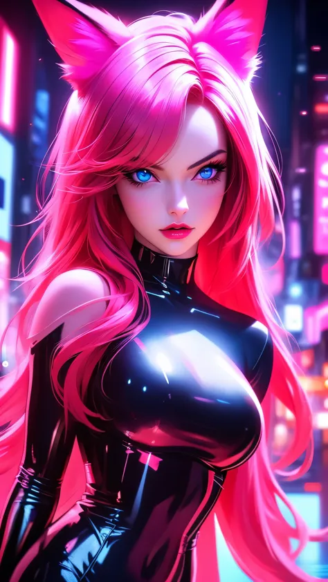 a girl with long red hair and cat or fox ears, looking directly at the viewer, solo portrait in a neon noir style, detailed blue...