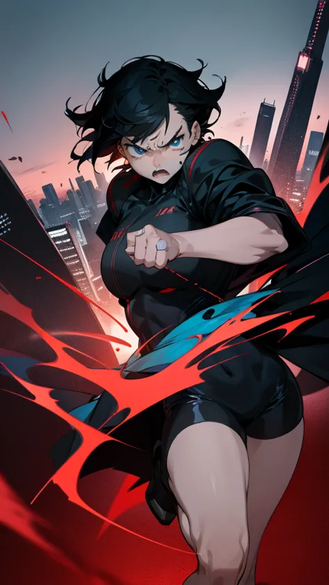 short black hair, blue eyes, angry expression, city background, sharp contrast