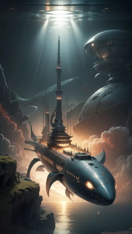 Fantasy，8k,Extremely detailed, masterpiece,High resolution,Highest quality,Increase the resolution,Cinema Lighting,Different space，6-dimensional world，Giant submarine，Ancient Undersea City，deep sea，Japan Trench，Dazzling Light，In the vast ocean，眼下にAncient Undersea Cityが広がる、vast composition，deep sea6000m,Diagonally from the side