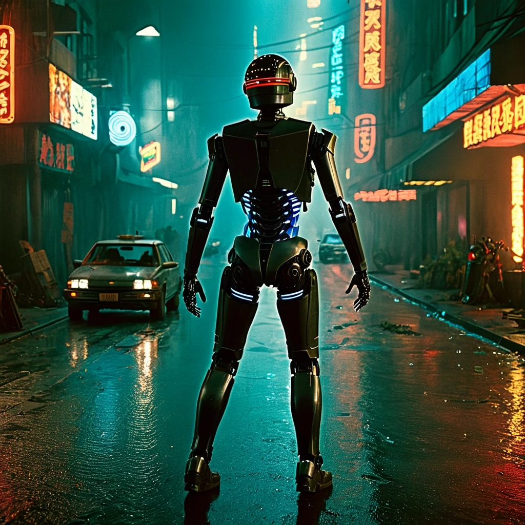 (masterpiece, 8k, best quality:1.2), album cover shoot, photorealistic, hyper detailed, cinematic, sad, arri alexa 65, film, portra 400, an old military android in the middle of a distopian blade runner type street bent and twisting and back arched like it's in "pain" and is the very essence of "broken and bowed", neon and haze and cars and flying cars and people all ignoring this robot, night time, medium grain