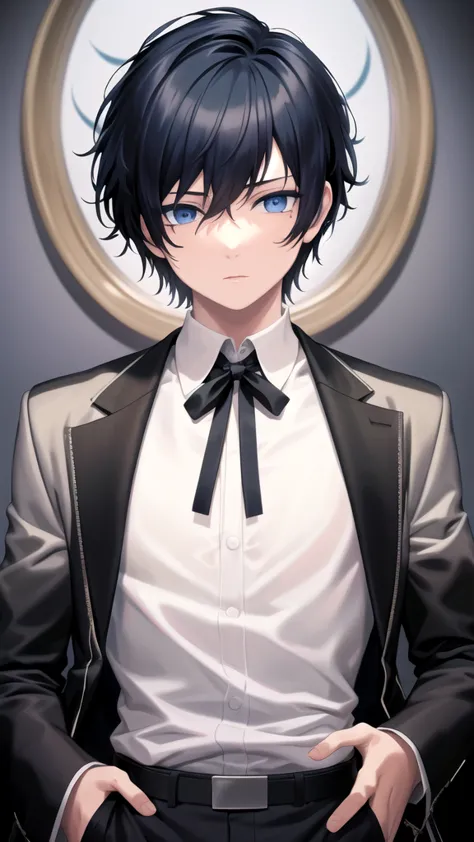 masterpiece, best quality, high quality, ,dark forsest, 1boy, solo, 1 boy,male focus, looking at viewer , black hair, blue eyes,...