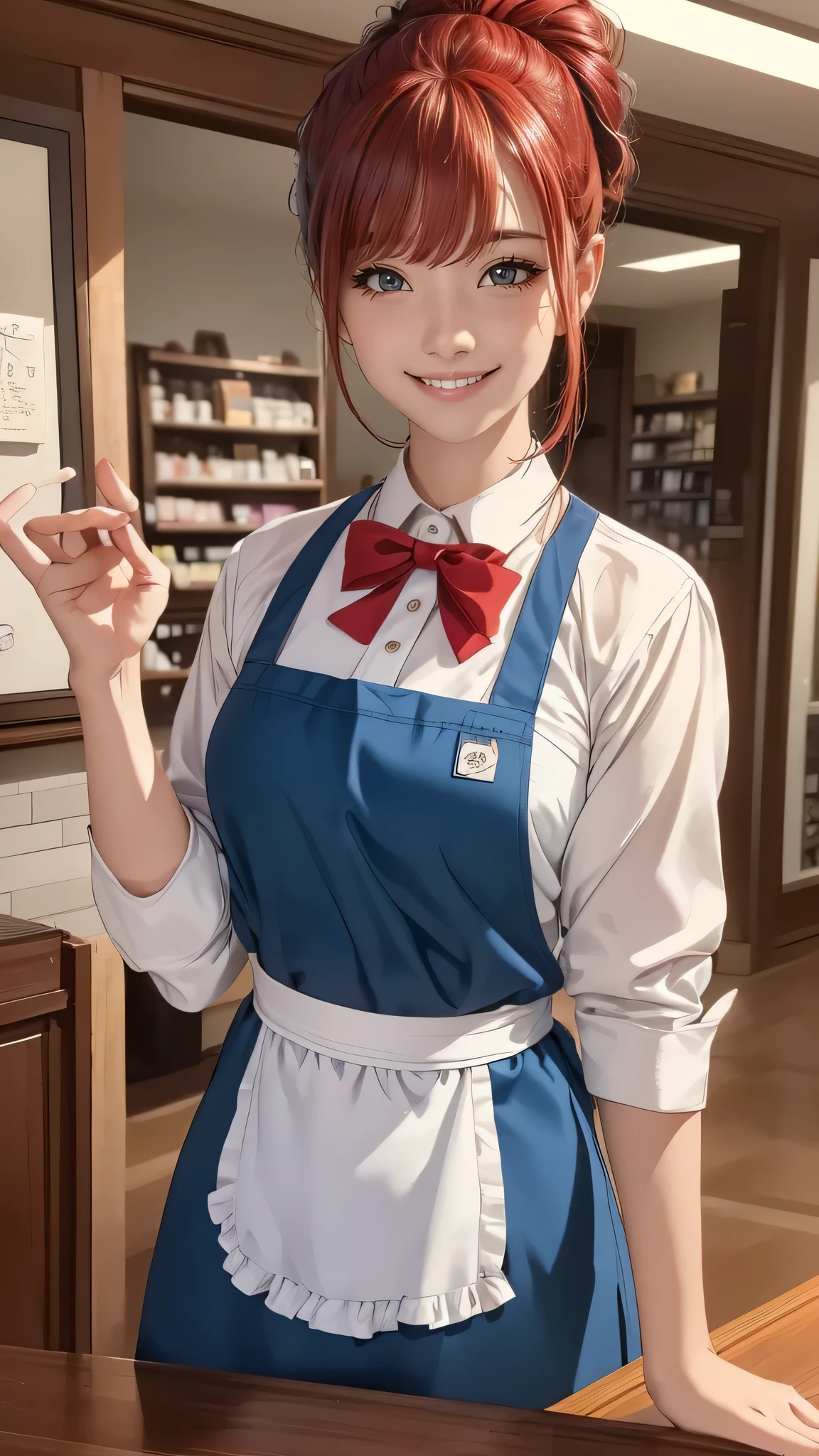 A breathtaking masterpiece、Captured in breathtaking 8K resolution、The portraits are exquisitely detailed and realistic.。The scene is bathed in HDR light.、Depicts a beautiful woman at a medium distance、((chignon:1.6、straight hair、red hair))、medium breasts、high school girl、(convenience store clerk、blouse、The apron is clean、Has the store logo。A name tag is attached to the chest、We welcome our customers with a bright smile。)、In a perfect contrapposto pose、Her hands were delicately placed on her head、Smiling amiably at the viewer。She exudes an aura of grace and charm.。