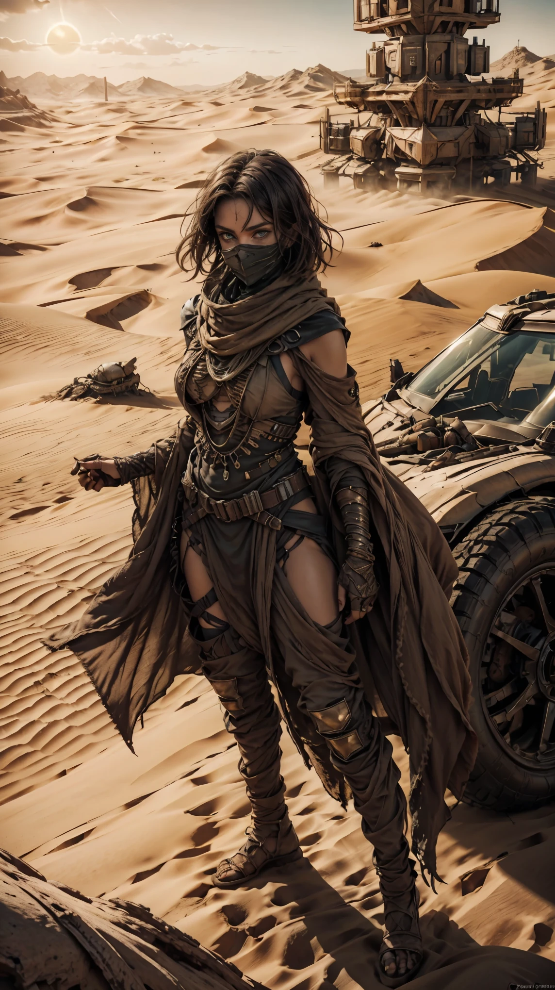 from above, high view shot, in the heart of a desert of Dune, a young sexy woman with a large and black haircut, desert tunic, white skin, sexy and tight desert clothes, brown, gold and sand, dunes, serious. In a desert sunset with a full orange sun, with worn desert tunic, black tattoos, sensual pose, desert metal face mask, creates an atmosphere of "Dune the movie", energy and sunset sun lights. ancestral alien buildings, good quality eyes, esmerald green eyes, ultra detailed, light effects, masterpiece, 4k, raytracing, 3/4 body, close-up, high view, particles and sand dust, intricate details, intricate body details, intricate face details.
