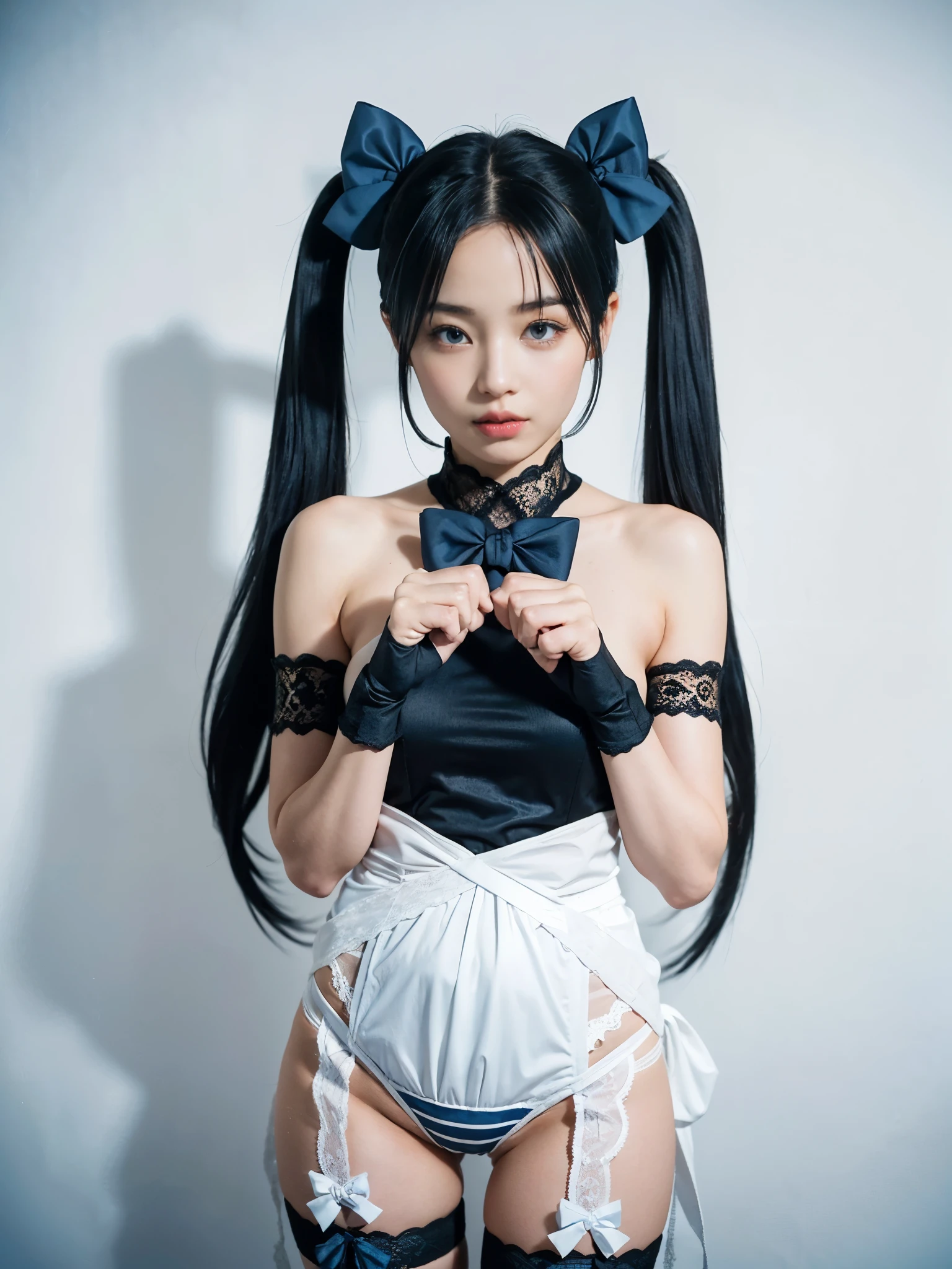 (8K, Raw photo, Best Quality, masutepiece:1.2), high-definition RAW color photography, professional photograpy, (Realistic, photographrealistic:1.37), ((Best Quality)), various attractive posing, full body shot;1.2. 1young girl, asymmetrical legwear, (black bow:1.2), black ribbon, (blue hair:1.5), bow, breasts, gloves,(hair bow:1.3), (very long hair:1.2), simple background, standing, striped bow, thighhighs, white background, white gloves, (lace legwear:1.2), Delicate hands, detailed fingers, five fingers, (one hand pinching the waist:1.3), (twintails:1.3), realhands, nsfw
