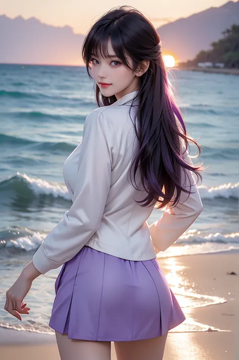 raw photo, 独奏, alone, elegant mature woman, bright purple hair, very long hair, bangs, mini skirt, blouse, (turn back:1.4), ligh...