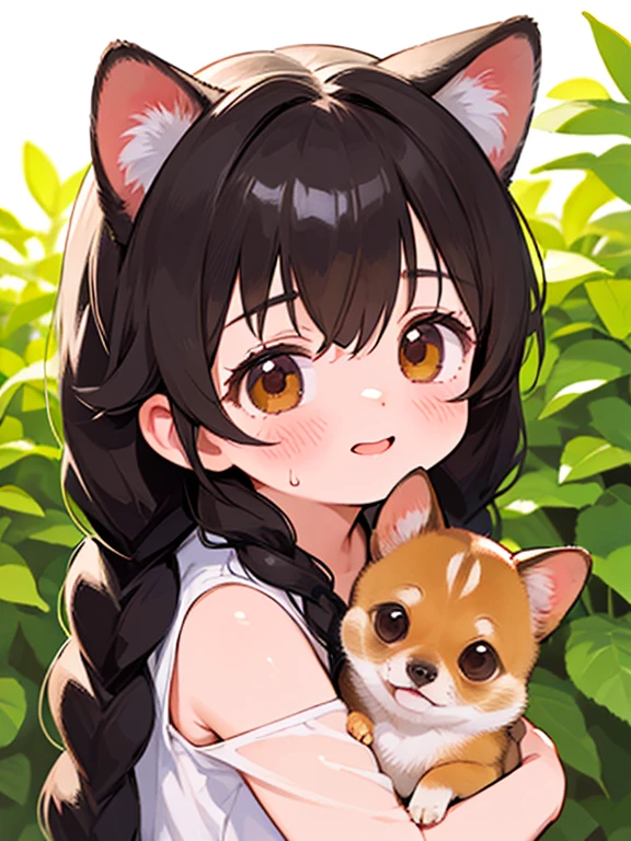 (Highest quality,4K,8k,High resolution,masterpiece:1.2), Very detailed, (Deformed, Realistic, Realistic:1.3)，One Girl，cute，非常にLow length，，Laughing happily, Brown eyes，Low length， fluffy, Black hair braids，White short dress，Hugging a Chihuahua，Chihuahuas are much larger than....，This dog is a chihuahua..，The background of mid-summer is a country house garden，My clothes are transparent because of cold sweat，