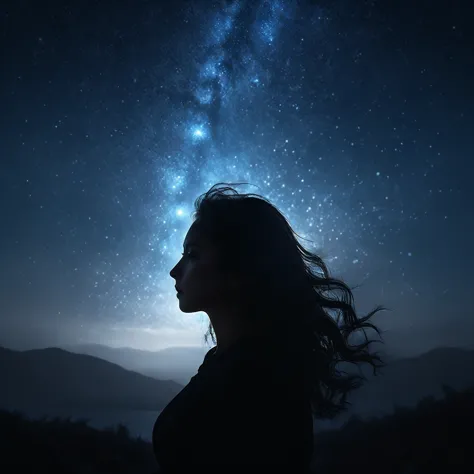 a woman with long hair, wind blows, silhouette, dark silhouette, night, starry sky, masterpiece, award-winning photograph, spect...