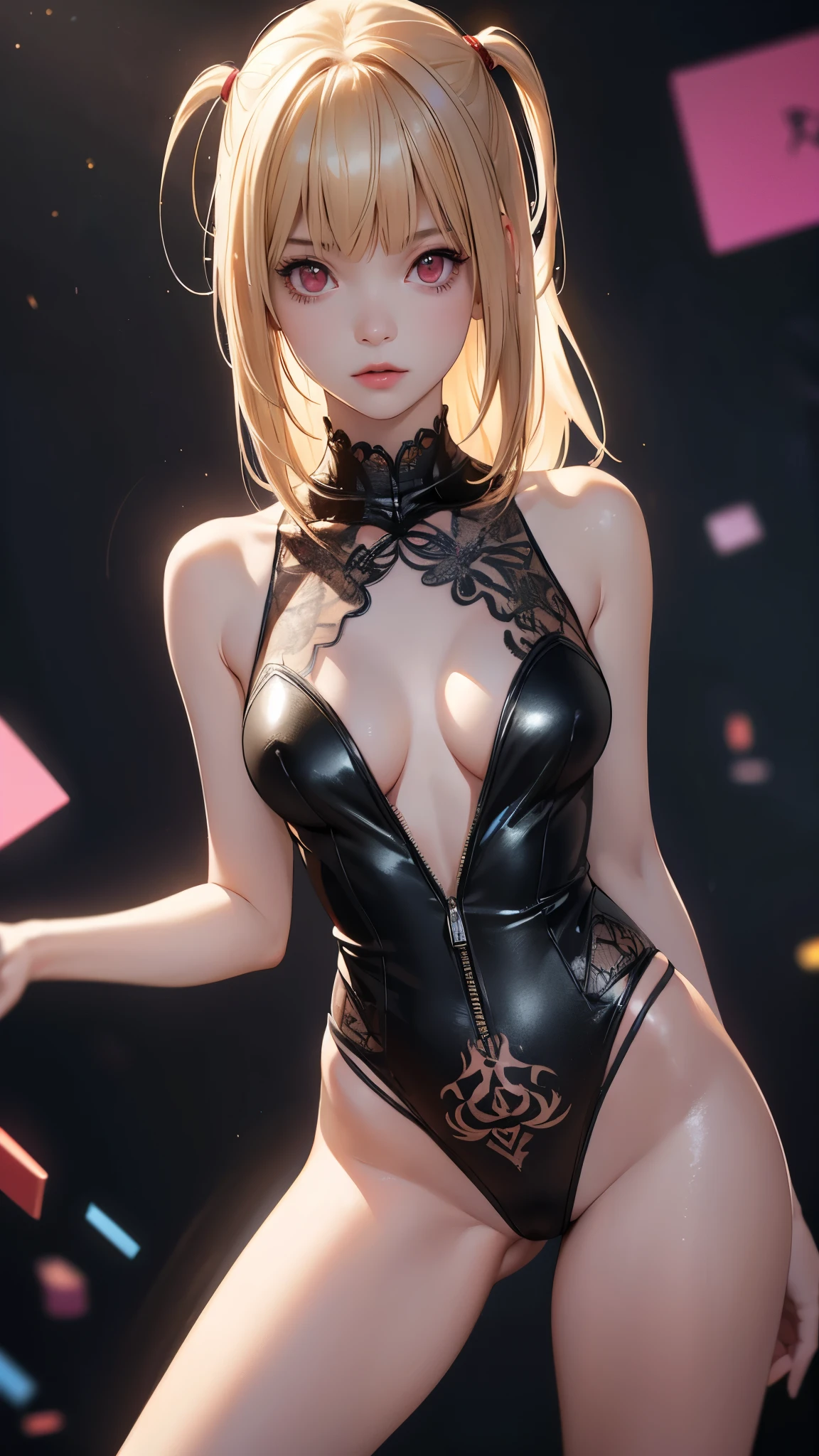 (best quality,highres:1.2),ultra-detailed,realistic,photorealistic:1.37,a beautiful girl (Misa Amane - Death Note) Anime Design) model in a fantasy style,1,long legs,medium breasts,extremely detailed face (with emphasis on red eyes).She is wearing a black thong and a shirt on her naked body, more than half of her body is naked. The clothes emphasize her sexuality,bent down, lifting her ass to the top,there is an artfully executed tattoo on the right thigh of her leg, the girl stands in this angle (showing everyone her tattoo),illustration,colorful pop art style,dynamic lighting,neon colors.Nsfw