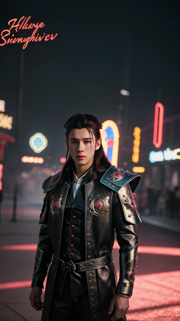 masterpiece of photorealism, photorealistic highly detailed 8k photography, best hyperrealistic quality, volumetric lighting and shadows, young man in saint_cloth divine_armor, braided hairstyle burgundy, Neon-Lit Amusement Park Rides, First-Person View (FPV) Drone Perspective