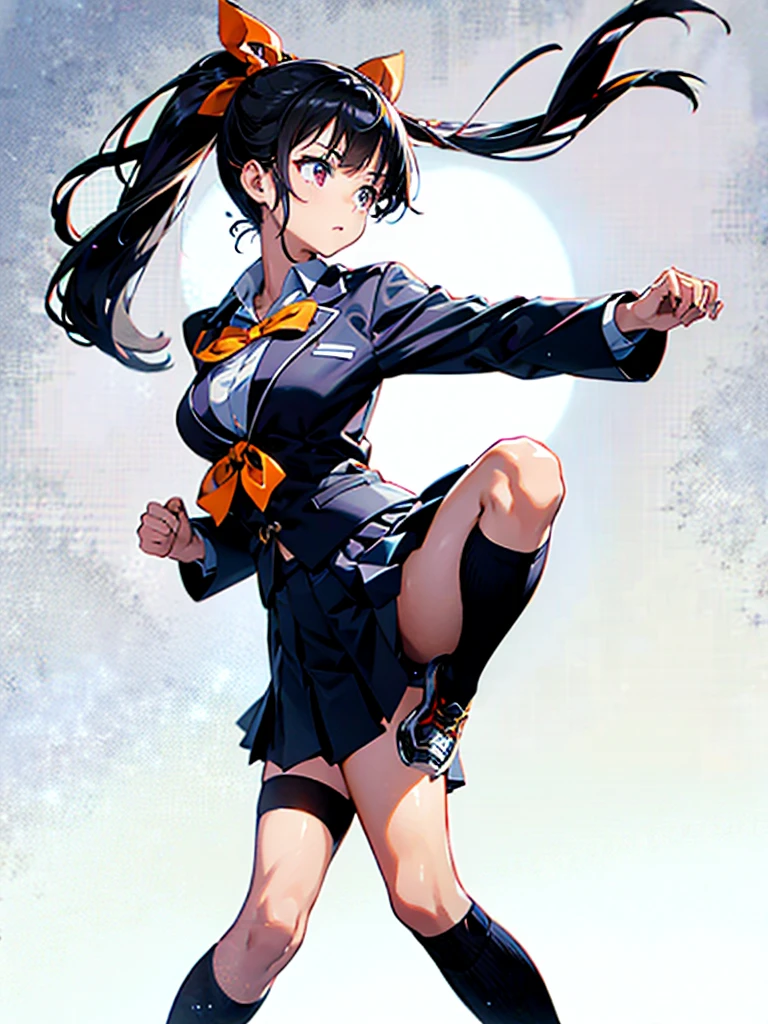 one person, Karate Stance,High Kick,Black Hair, ponytail, Slim body,Small breasts,Bad mood, Slanted Eyes, Character profile, high school student,Navy blue blazer,White blouse,Orange bow ribbon tie,Grey below-the-knee skirt,Vanishing Point, Ultra Wide Angle, Japanese illustration style, 