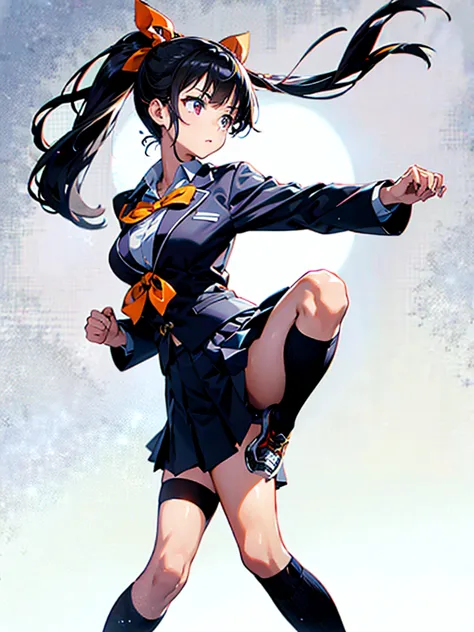 one person, karate stance,high kick,black hair, ponytail, slim body,small breasts,bad mood, slanted eyes, character profile, hig...