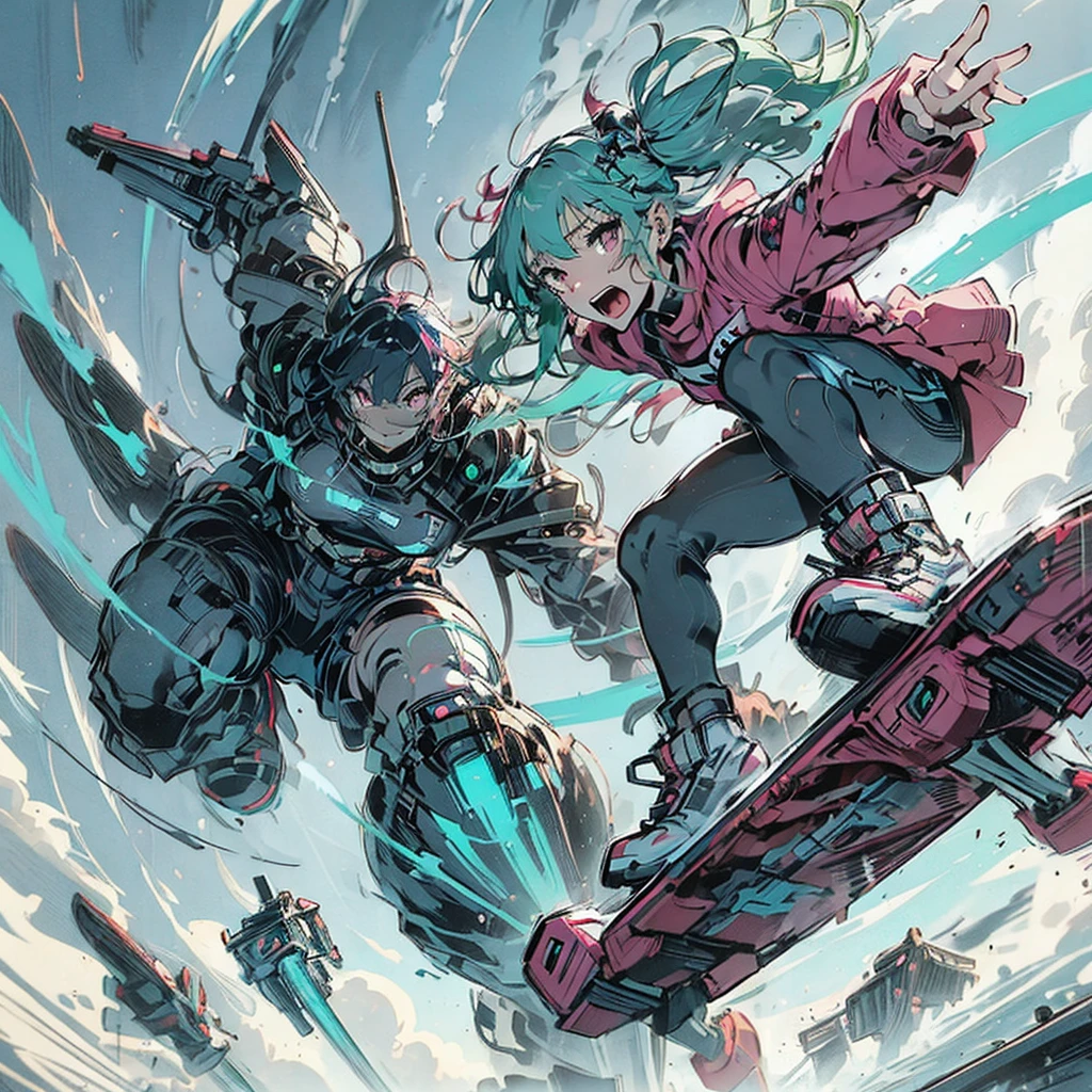  Sci-Fi style eureka anime illustration, rough and intense illustration of 1girl, jumping high in the sky on a mecha skateboard. The background depicts a mecha air-surfing high in the sky and a dynamic jump to the sky with elements of breakdancing. The images are dynamic and dynamic from below, using thick, exaggerated lines and brush strokes to emphasize the accelerated speed and mecha-gimmick-packed action. Pink-chan has medium-length  pastel green hair 