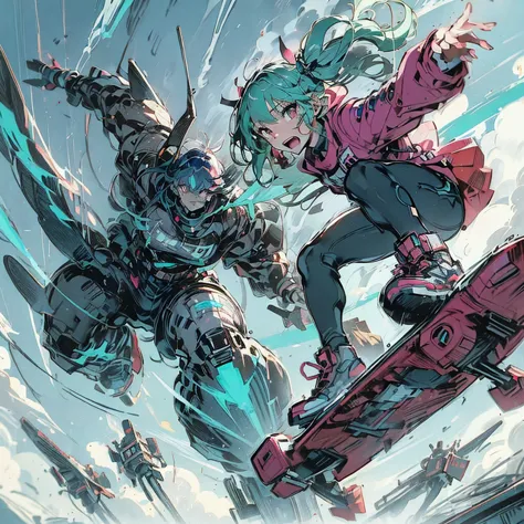 sci-fi style eureka anime illustration, rough and intense illustration of 1girl, jumping high in the sky on a mecha skateboard. ...