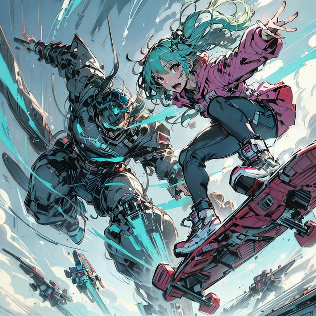  Sci-Fi style eureka anime illustration, rough and intense illustration of 1girl, jumping high in the sky on a mecha skateboard. The background depicts a mecha air-surfing high in the sky and a dynamic jump to the sky with elements of breakdancing. The images are dynamic and dynamic from below, using thick, exaggerated lines and brush strokes to emphasize the accelerated speed and mecha-gimmick-packed action. Pink-chan has medium-length  pastel green hair 