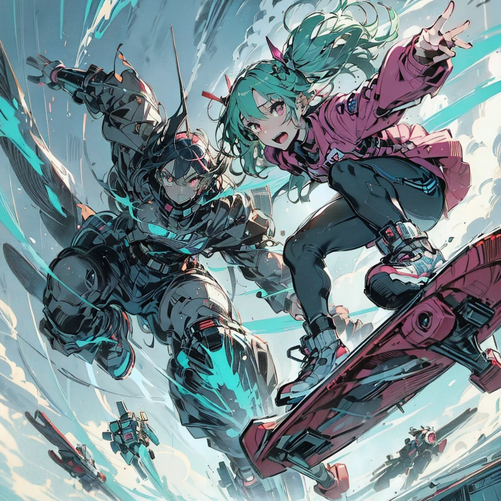  Sci-Fi style eureka anime illustration, rough and intense illustration of 1girl, jumping high in the sky on a mecha skateboard. The background depicts a mecha air-surfing high in the sky and a dynamic jump to the sky with elements of breakdancing. The images are dynamic and dynamic from below, using thick, exaggerated lines and brush strokes to emphasize the accelerated speed and mecha-gimmick-packed action. Pink-chan has medium-length  pastel green hair 