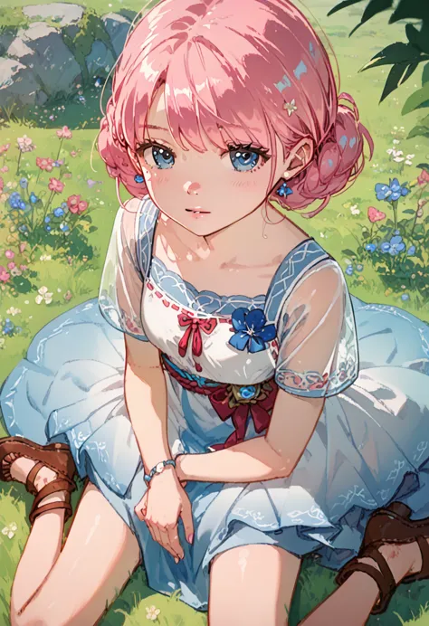 anime cloth capture, best qualityer, 8k hd, anime girl, {{smallboobs}}, pink hair blue eyes, wearing awhite dress, sitting on th...