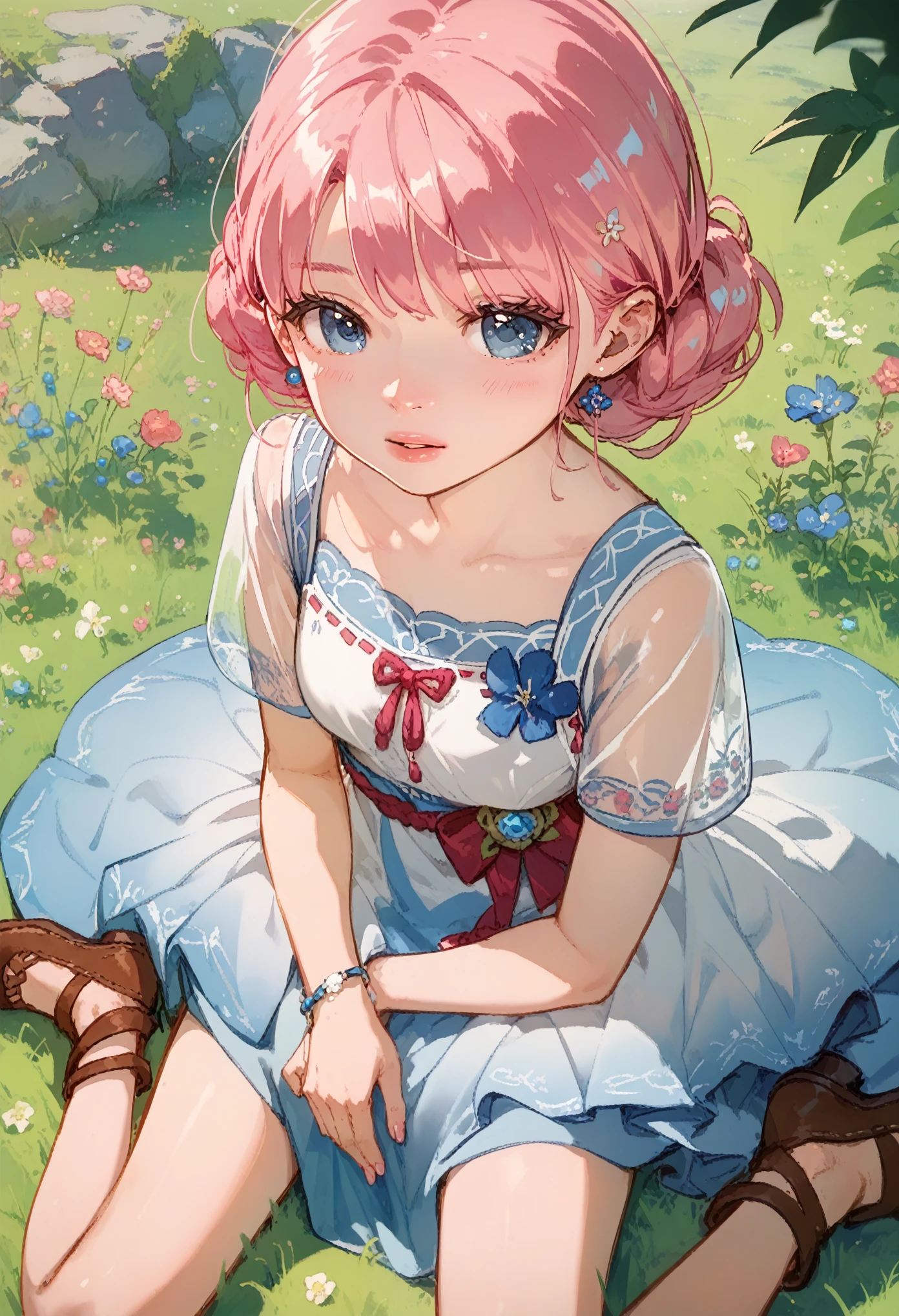 anime cloth capture, best qualityer, 8k hd, anime girl, {{smallboobs}}, pink hair blue eyes, wearing awhite dress, sitting on the grass