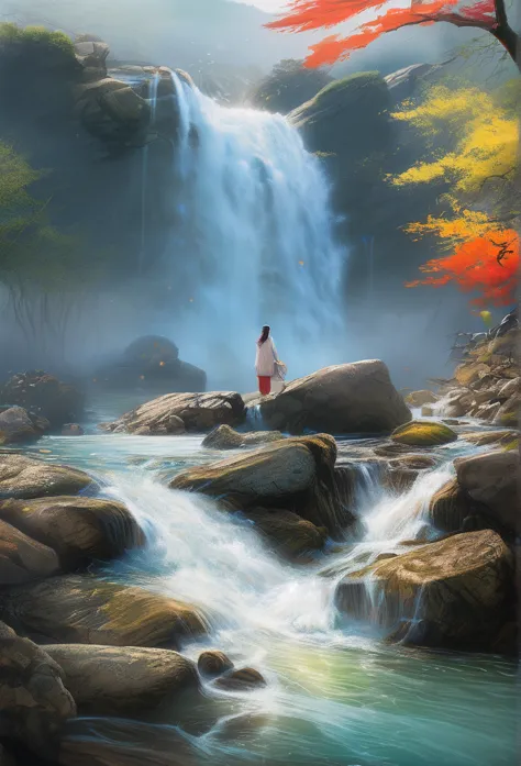 masterpiece, a chaotic waterfall with clear water in a quiet and beautiful landscape_realistic:1.2, 광선 추적 detail, complicacy, hi...