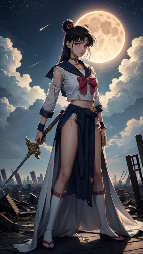 sailor moon standing in the middle of a devastated tokyo, with ruined buildings and the dark sky in the background. his traditio...