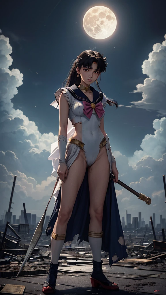 Sailor Moon standing in the middle of a devastated Tokyo, with ruined buildings and the dark sky in the background. His traditional attire is dirty and torn, but his gaze is determined. The full moon shines through the clouds as she holds her Lunar Scepter tightly, ready to protect what&#39;s left of the city