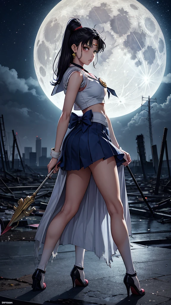 Sailor Moon standing in the middle of a devastated Tokyo, with ruined buildings and the dark sky in the background. His traditional attire is dirty and torn, but his gaze is determined. The full moon shines through the clouds as she holds her Lunar Scepter tightly, ready to protect what&#39;s left of the city