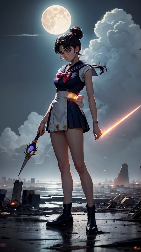 Sailor Moon standing in the middle of a devastated Tokyo, with ruined buildings and the dark sky in the background. His traditional attire is dirty and torn, but his gaze is determined. The full moon shines through the clouds as she holds her Lunar Scepter tightly, ready to protect what&#39;s left of the city