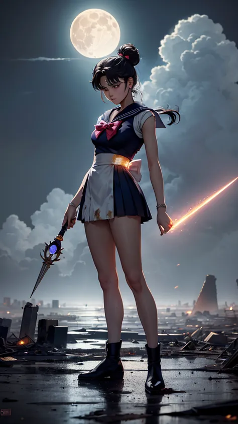 sailor moon standing in the middle of a devastated tokyo, with ruined buildings and the dark sky in the background. his traditio...