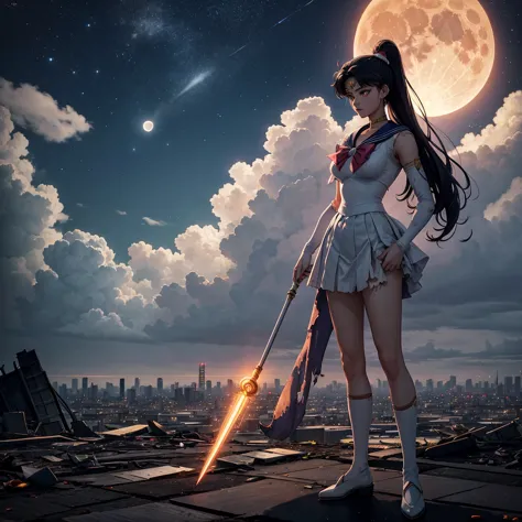 sailor moon standing in the middle of a devastated tokyo, with ruined buildings and the dark sky in the background. his traditio...