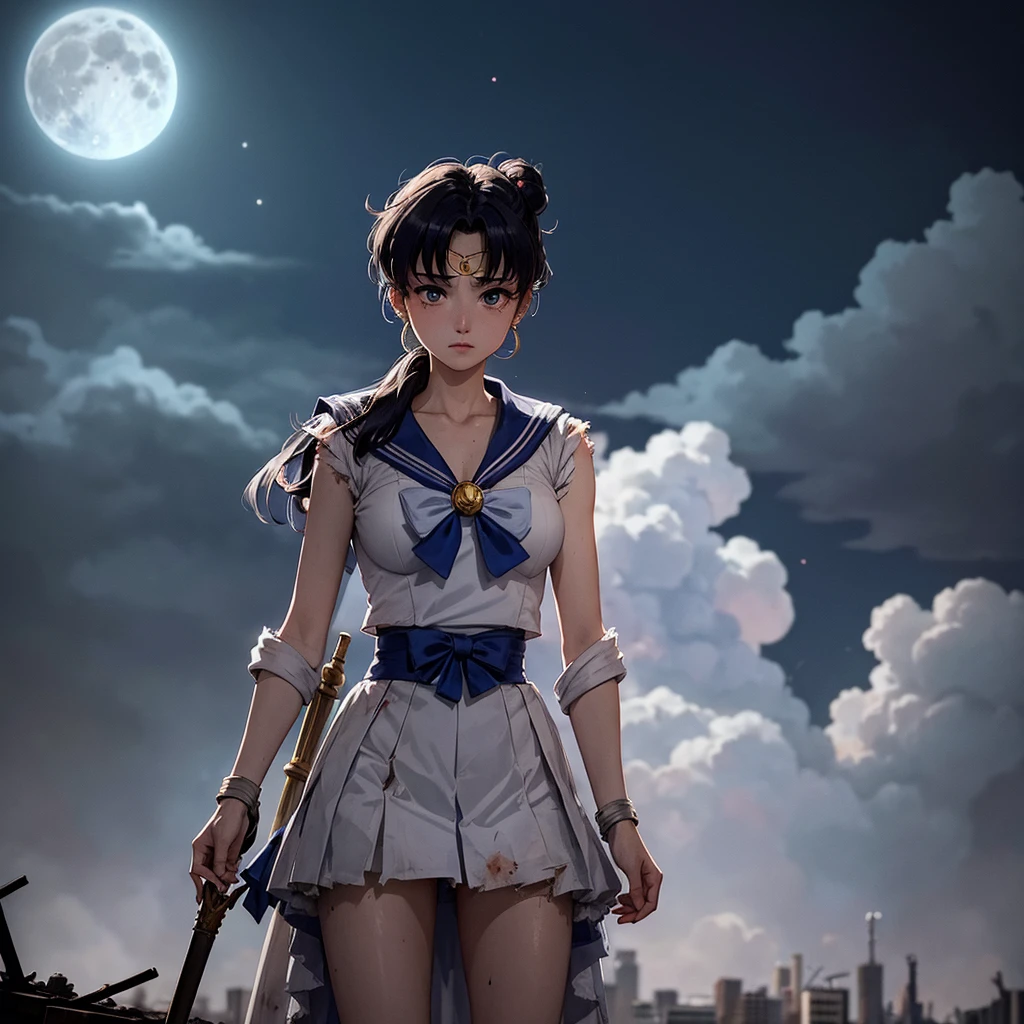 Sailor Moon standing in the middle of a devastated Tokyo, with ruined buildings and the dark sky in the background. His traditional attire is dirty and torn, but his gaze is determined. The full moon shines through the clouds as she holds her Lunar Scepter tightly, ready to protect what&#39;s left of the city