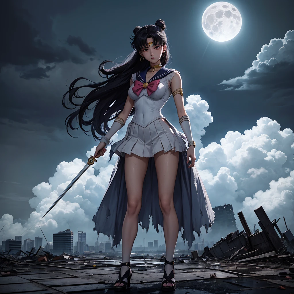 Sailor Moon standing in the middle of a devastated Tokyo, with ruined buildings and the dark sky in the background. His traditional attire is dirty and torn, but his gaze is determined. The full moon shines through the clouds as she holds her Lunar Scepter tightly, ready to protect what&#39;s left of the city