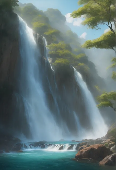 masterpiece, a chaotic waterfall with clear water in a quiet and beautiful landscape_realistic stock photos:1.2, 광선 추적 detail, c...