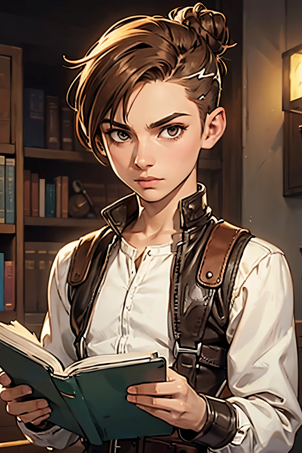 short halfling, androgynous, slim figure, rogue, undercut, top bun, light brown hair, buzzed sides, reading a book, curious, white long sleeve shirt, leather holster
