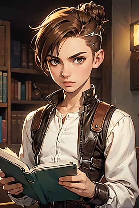 short halfling, androgynous, slim figure, rogue, undercut, top bun, light brown hair, buzzed sides, reading a book, curious, whi...