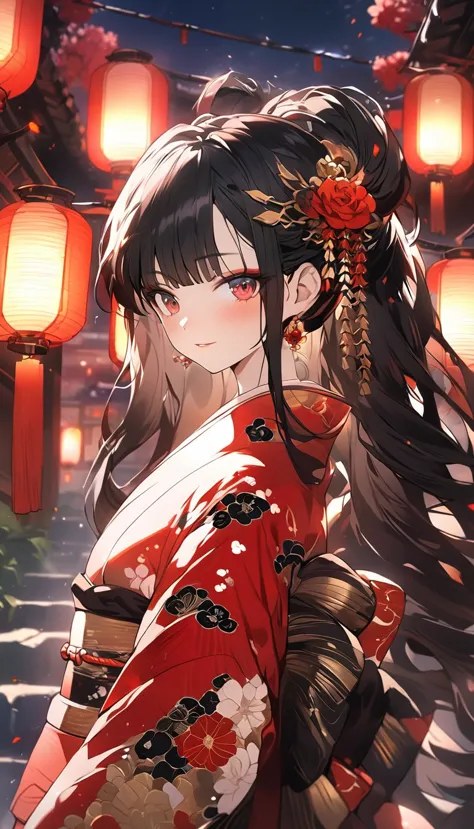 masterpiece, anime girl in kimono, (((kimono with red, gold and black flower details))), (((flower decorations in hair))) red fl...