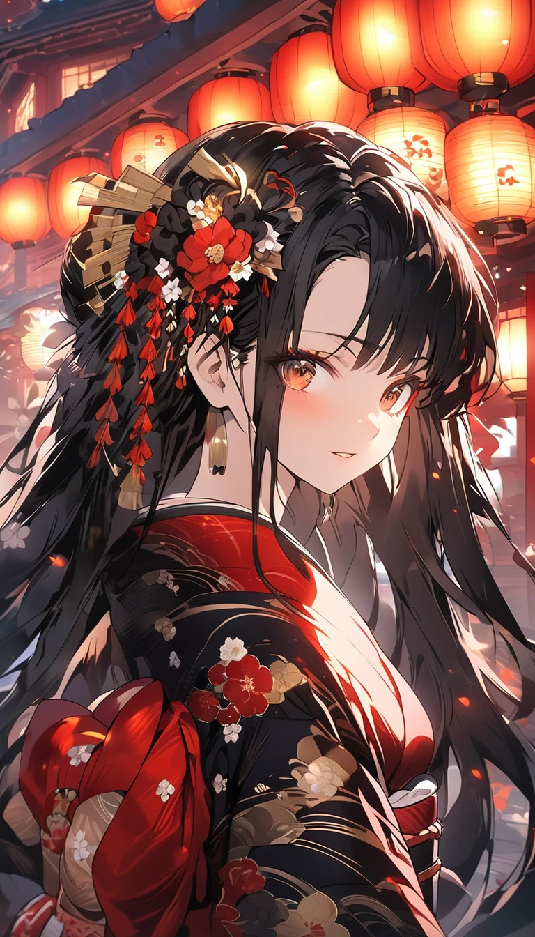 masterpiece, anime girl in kimono, (((kimono with red, gold and black flower details))), (((flower decorations in hair))) red flowers and lanterns, Japanese temple background, (((ornaments and background with red, black and gold details))), anime art wallpaper 4k, anime art wallpaper 8 K, anime style 4k, 4k anime wallpaper, 4k anime wallpaper, guweiz, beautiful animework art, beautiful anime art, beautiful anime girl, long hair, jet black hair, guweiz masterpiece