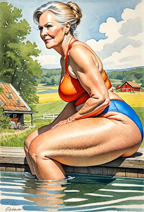 a colored pencil sketch of a beautiful 55-years-old swedish farm wife, she has hefty glutes, getting ready for a swim, (skindent...